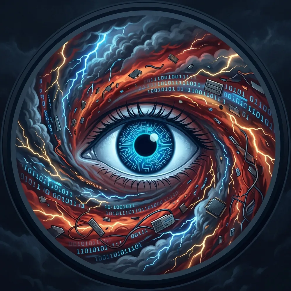 The eye of the Windstorm — a calm eye at the center of a storm of clouds, lightning, and code